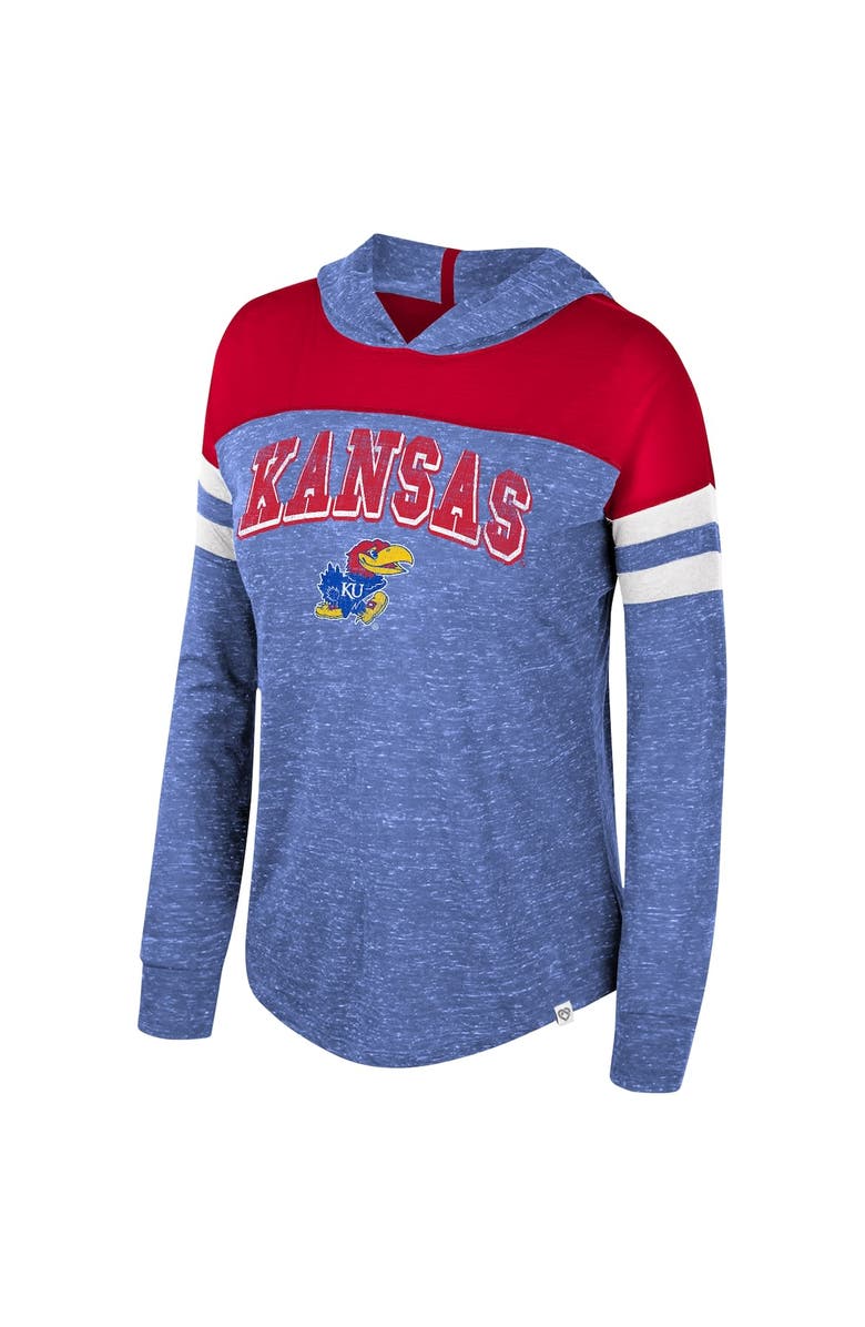 COLOSSEUM Women's Colosseum Royal Kansas Jayhawks Speckled Color Block Long Sleeve Hooded T-Shirt, Alternate, color,