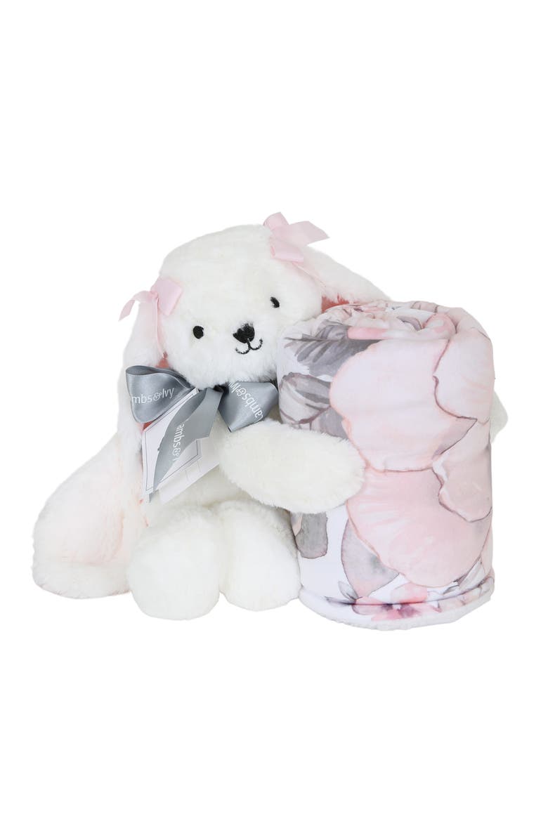 Lambs & Ivy Floral Blanket & Plush Bunny Stuffed Animal Toy Baby Gift Set, Main, color, White