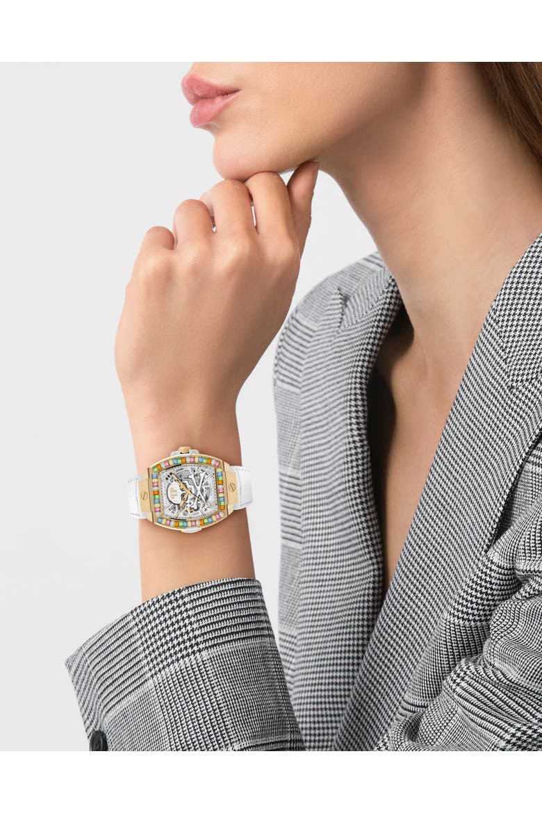Skeleton 2.0 Multicolor Baguette Leather Strap Watch Skeleton Women, Alternate, color, white