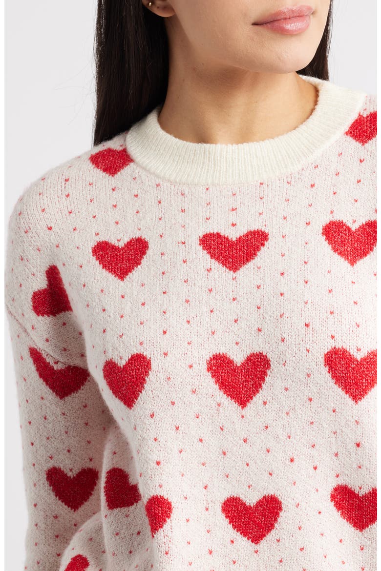 Jacquard Heart Crewneck Sweater, Alternate, color, IVORY PRISTINE- RED HEART