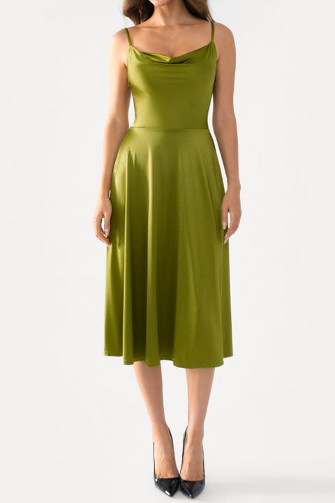 Shapewear Strappy Cowl Neck Vacation & Date Night Fit & Flare Midi Dress
