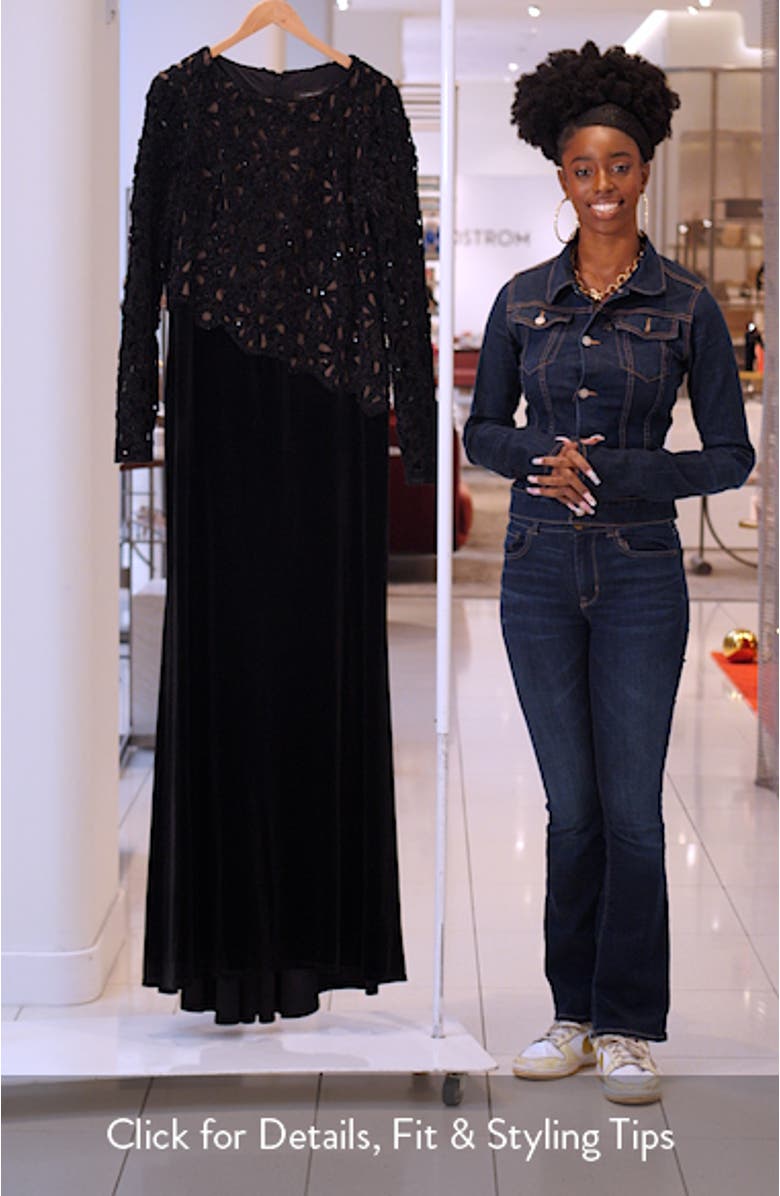 Sequin Lace Bodice Long Sleeve Velvet Gown, sales video thumbnail