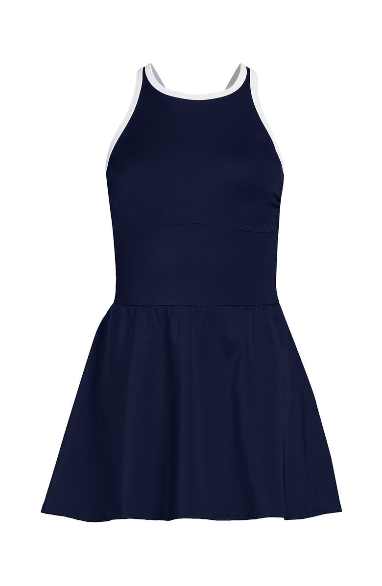 Lands' End Chlorine Resistant Tugless High Neck Swim Dress One Piece Swimsuit, Alternate, color, Deep Sea Navy/White