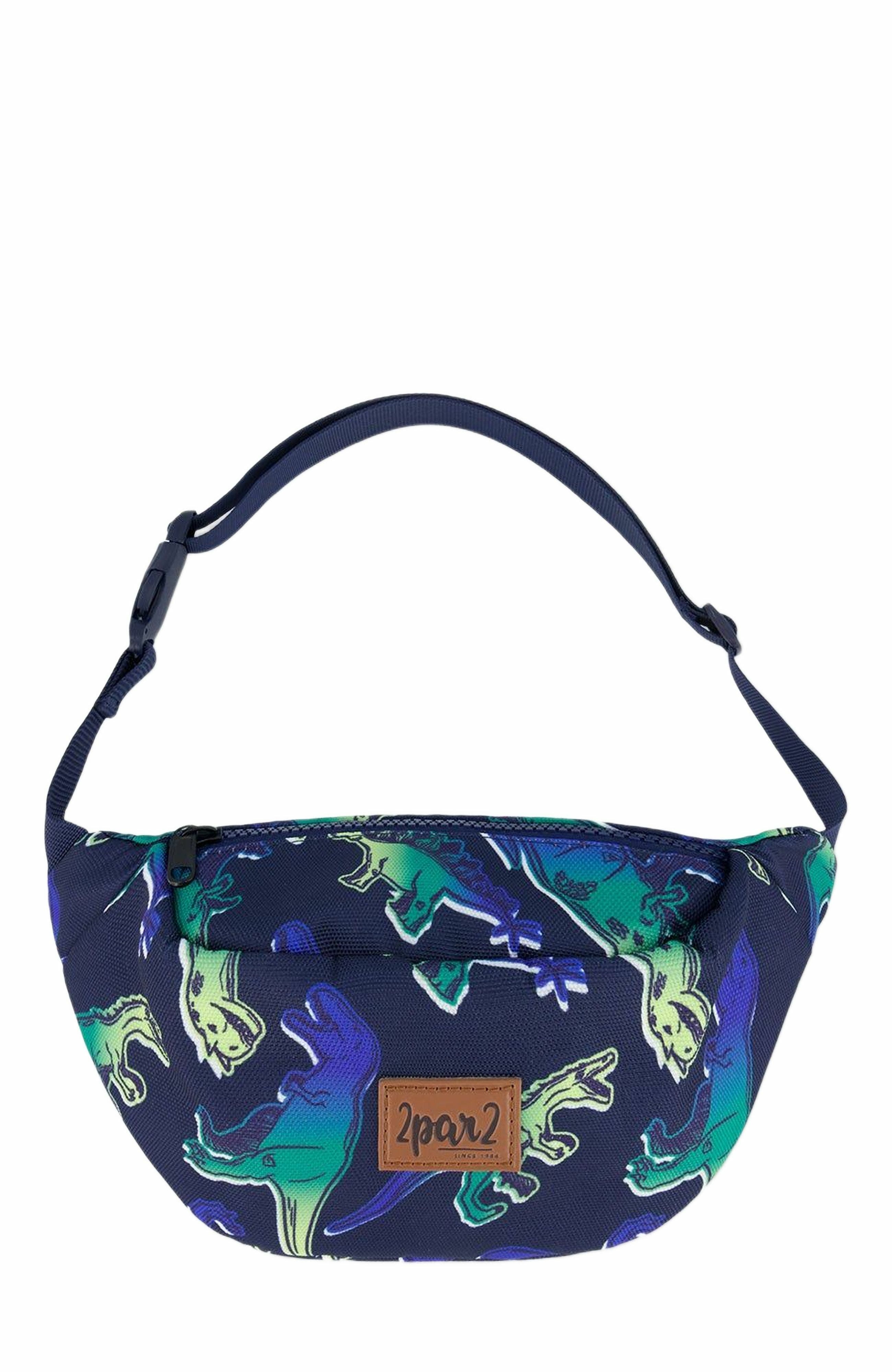 Deux par Deux Boy's Printed Fanny Pack Blue And Green Dino On Navy, Main, color, 