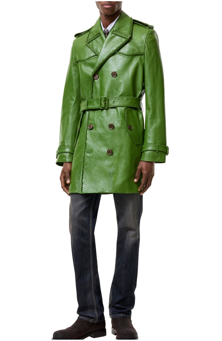 Burberry Mid-length Leather Leverton Trench Coat, Main, color, Samphire Green