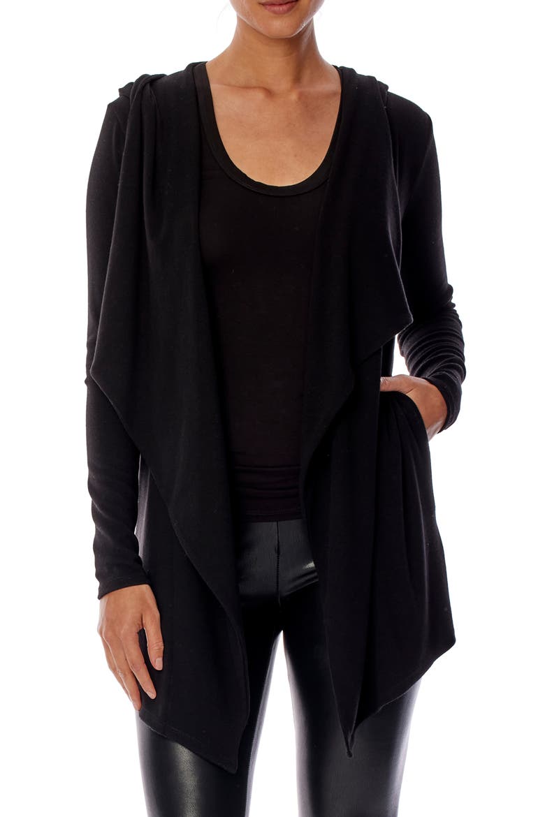 Nancy Hooded Drape Front Cardigan, Alternate, color, BLACK