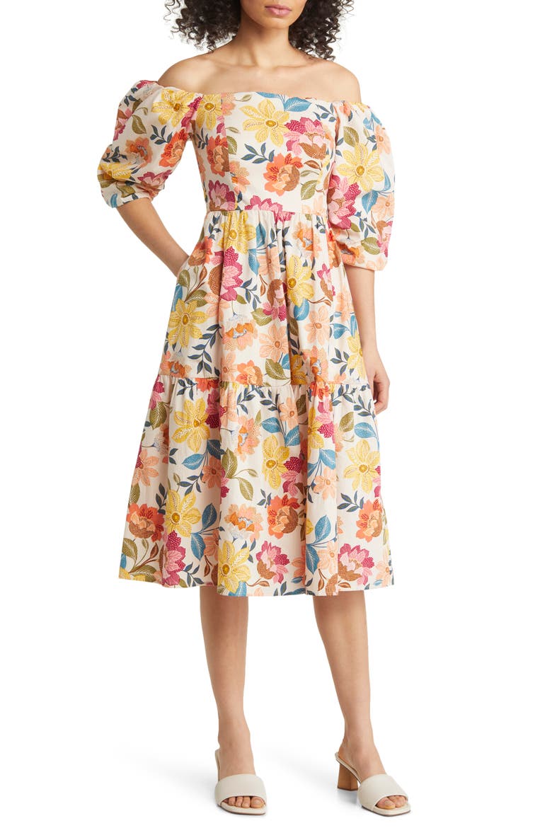 Floral Off the Shoulder Stretch Cotton Midi Dress, Main, color, IVORY MULTI