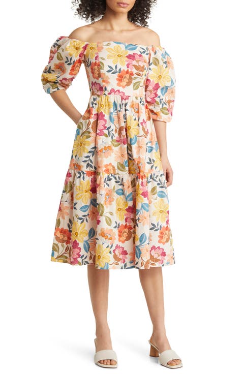 Floral Off the Shoulder Stretch Cotton Midi Dress