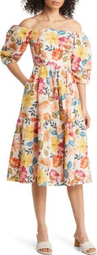 Vince Camuto Floral Off the Shoulder Stretch Cotton Midi Dress