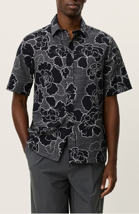 Charlie Poppy Pattern Short Sleeve Knit Cotton Blend Button-Up Shirt