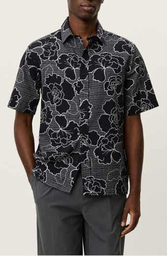 Charlie Poppy Pattern Short Sleeve Knit Cotton Blend Button-Up Shirt