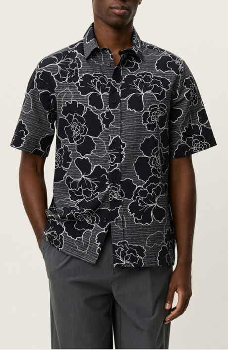 Charlie Poppy Pattern Short Sleeve Knit Cotton Blend Button-Up Shirt