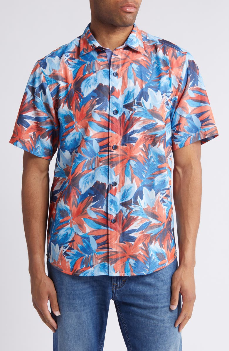 Tommy Bahama Coconut Point Firecracker Floral IslandZone<sup>®</sup> Short Sleeve Performance Button-Up Shirt, Main, color, Poppy Red