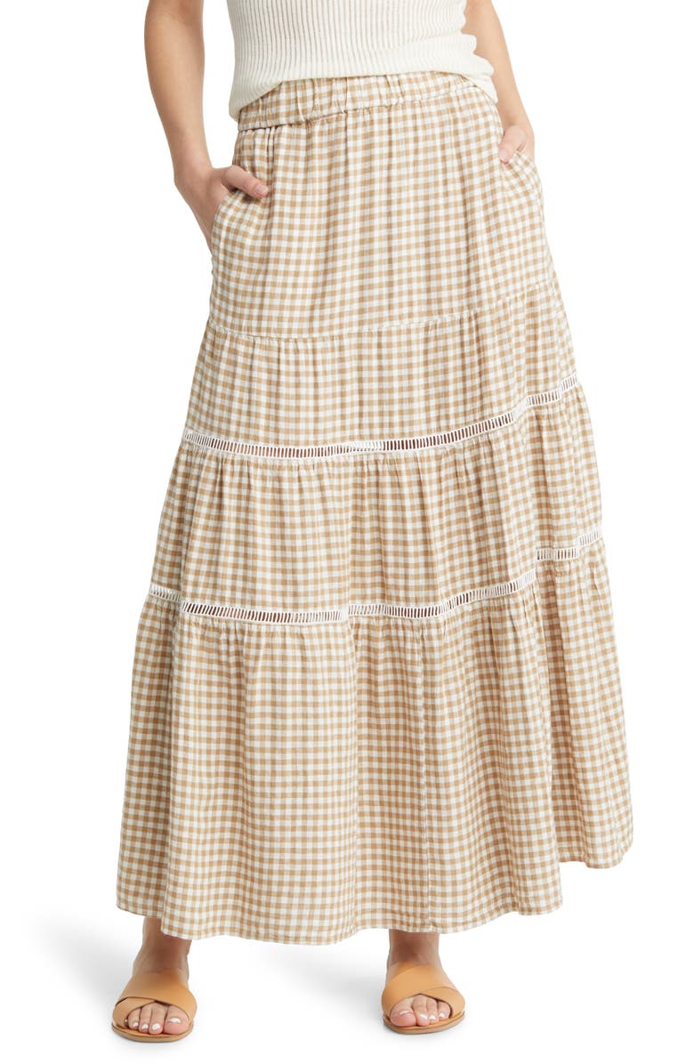 Madewell Gingham Tiered Linen Blend Maxi Skirt, Main, color, 
