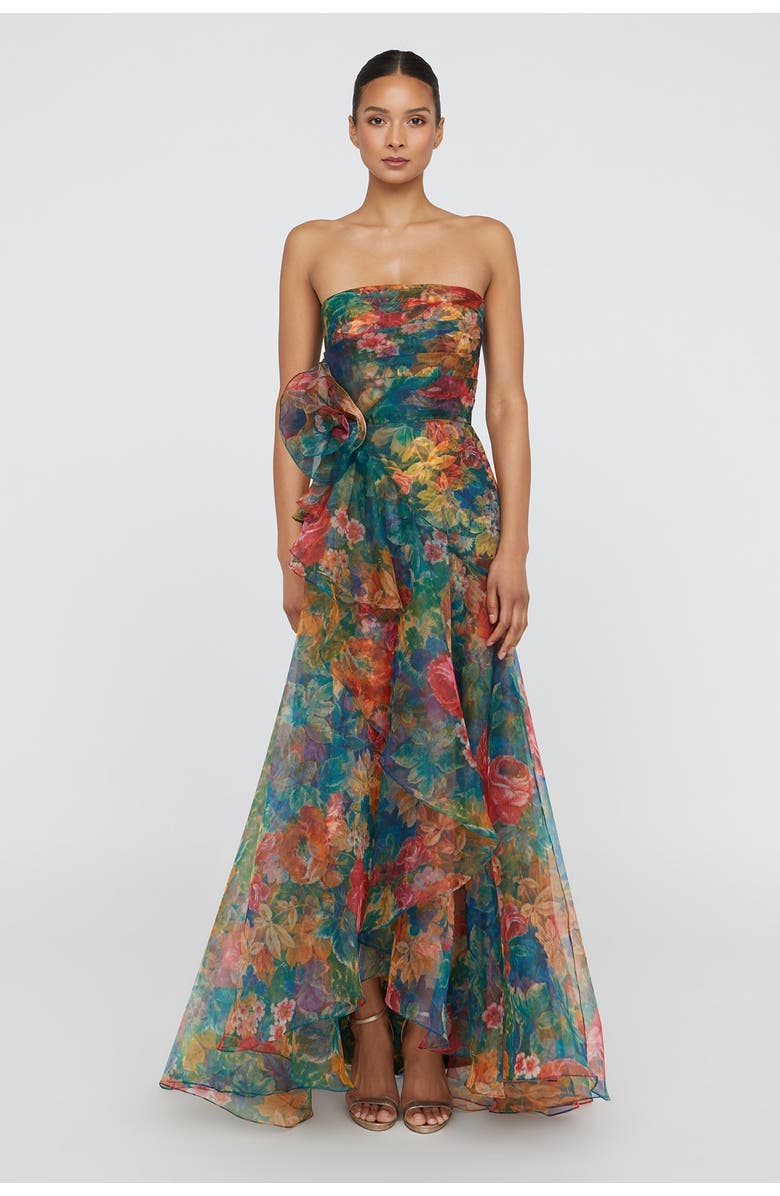 Theia Leora Rosette Ruffle Gown, Main, color, Tapestry Roses