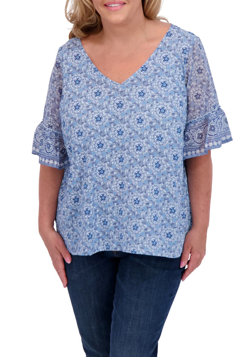 Mixed Media Flutter Sleeve Top, Main, color, CHAMBRAY MULTI