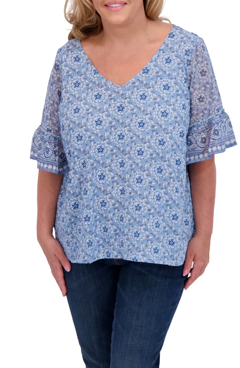 Lucky Brand Mixed Media Flutter Sleeve Top, Main, color, Chambray Multi