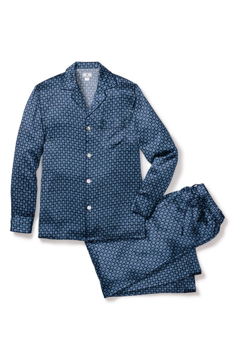 Petite Plume Medallion Mulberry Silk Pajamas, Alternate, color, Navy