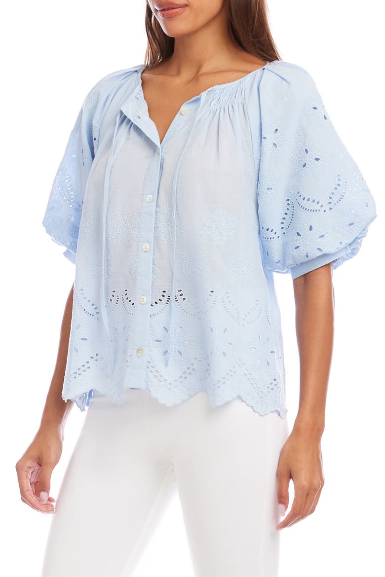 Eyelet Embroidered Cotton Button-Up Top, Alternate, color, BLUE