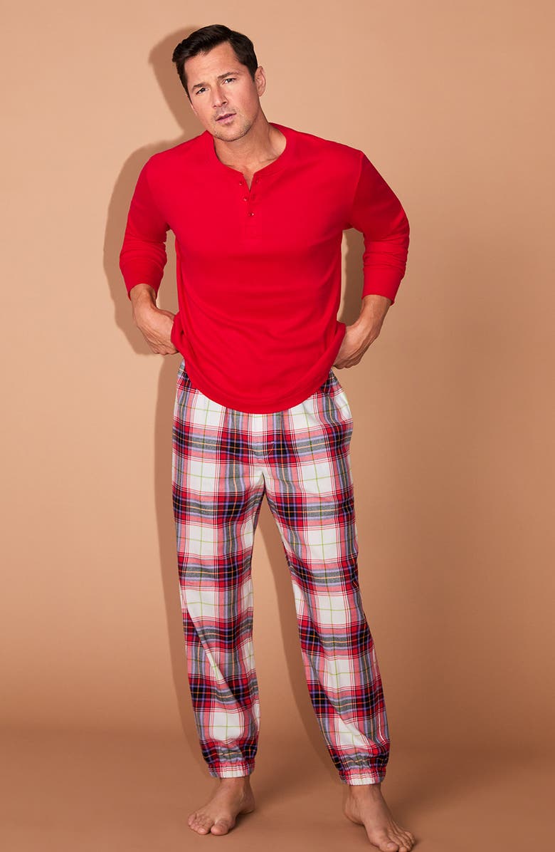 BedHead Pajamas Henley Pajama Top and Organic Cotton Flannel Pajama Joggers Set, Alternate, color, Equestrian Plaid