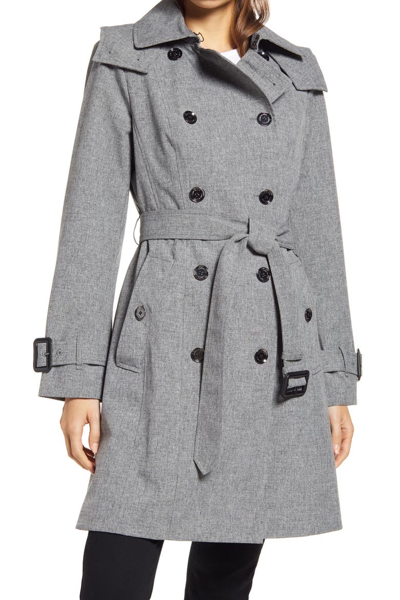 Double Breasted Hooded Raincoat, Main, color, CHARCOAL