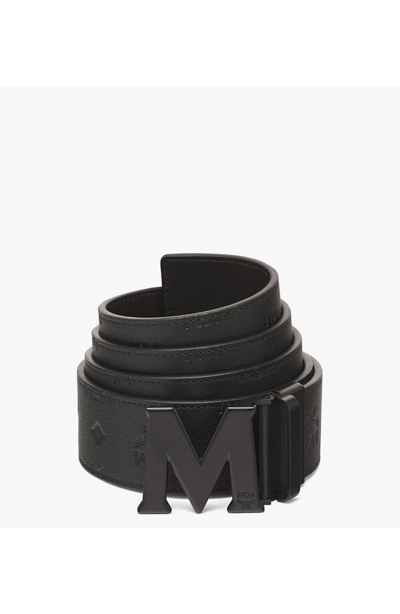 MCM Claus M Reversible Belt 1.75 in Embossed Monogram Leather, Main, color, Black / Matte Black