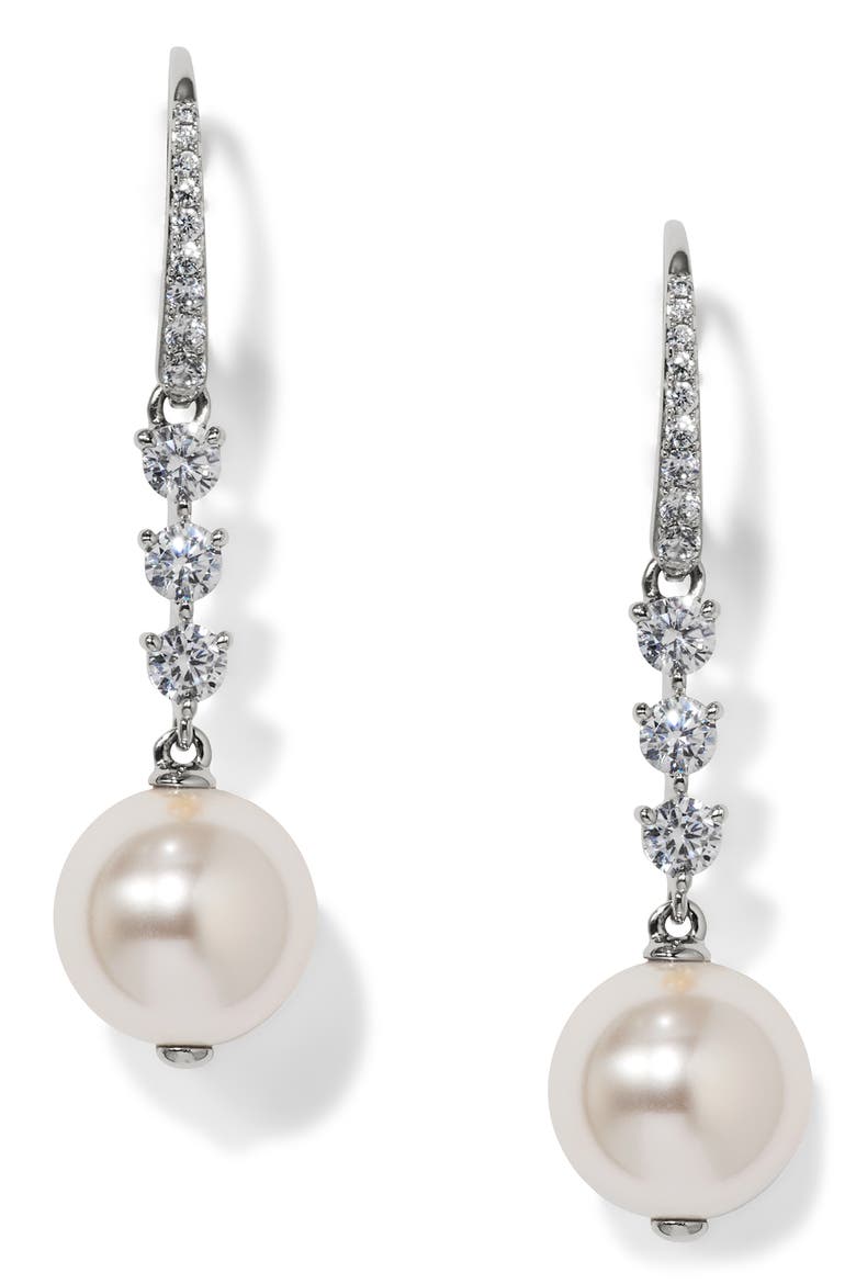 Cubic Zirconia & Faux Pearl Drop Earrings, Main, color, RHODIUM