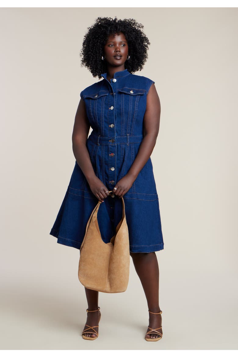 Denim Fit & Flare Midi Dress, Alternate, color, DARK WASH