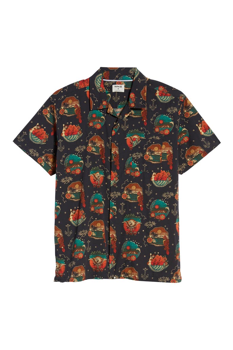 Trop Flash Short Sleeve Button-Up Camp Shirt, Alternate, color, BLACK