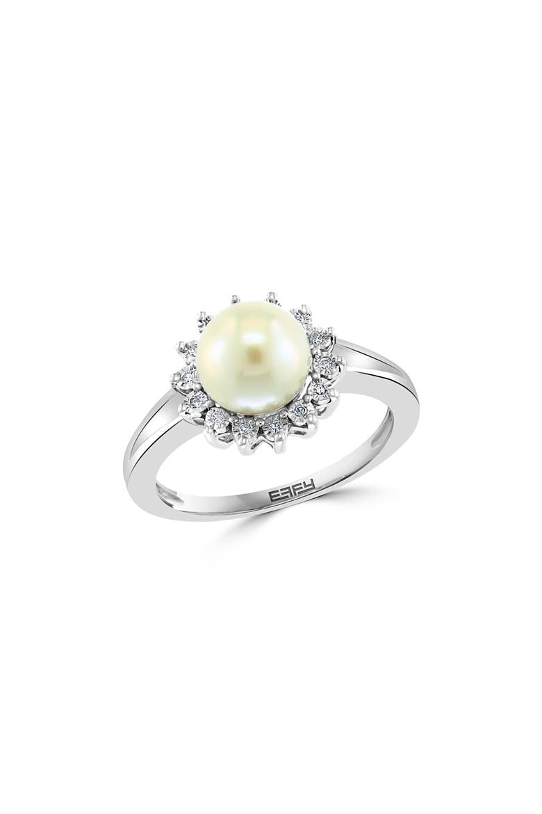 Sterling Silver Freshwater Pearl & Diamond Halo Ring, Main, color, WHITE