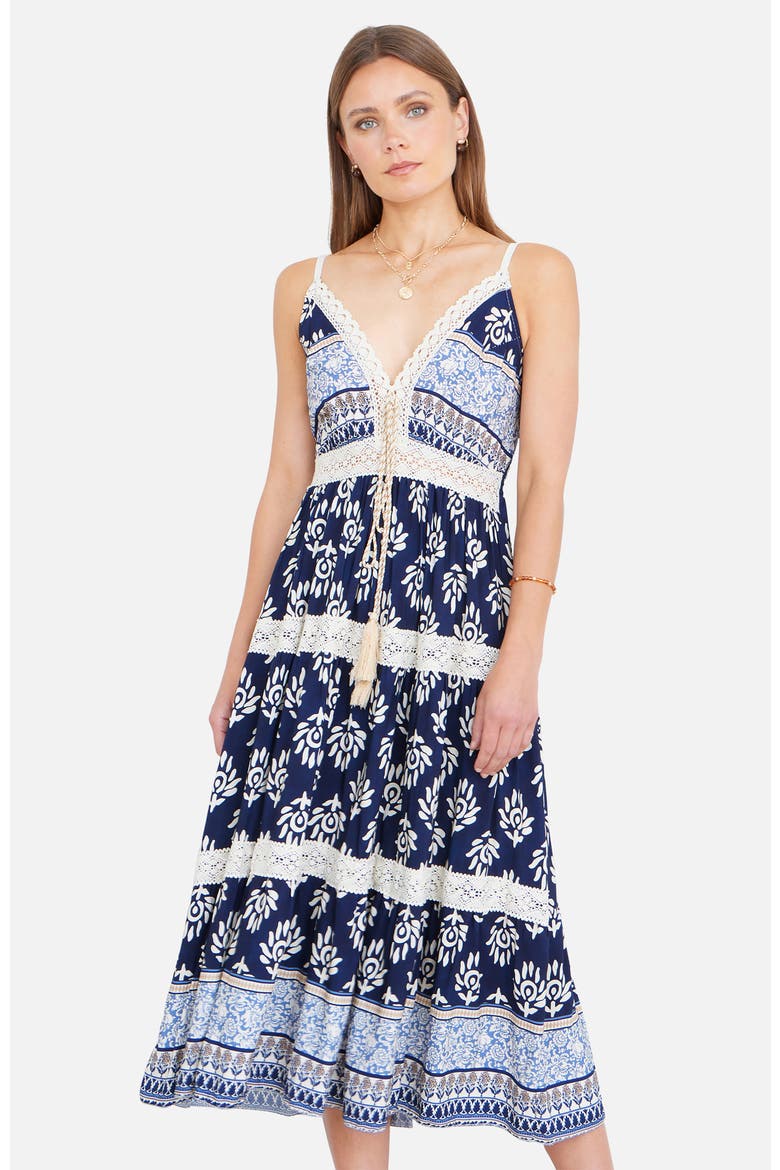 Paisley Print Midi Sun Dress, Main, color, Navy