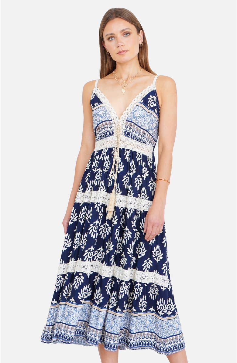 Yumi Paisley Print Midi Sun Dress, Main, color, Navy