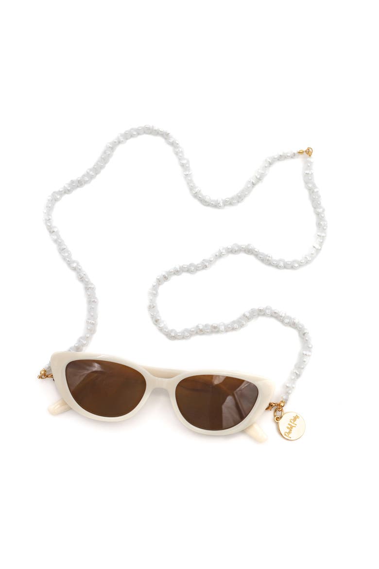 Sunny Daze Cat Eye Sunglasses and Pearl Shell Chain Set - White Cat Eye with Freshwater Pearl Chain, 1.75x5.75 Inch Sunglasses with 31.5 Inch Chain, Main, color, White
