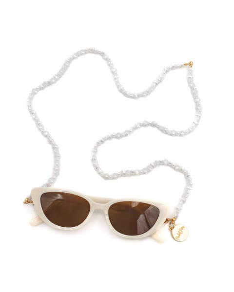 Sunny Daze Cat Eye Sunglasses and Pearl Shell Chain Set - White Cat Eye with Freshwater Pearl Chain, 1.75x5.75 Inch Sunglasses with 31.5 Inch Chain