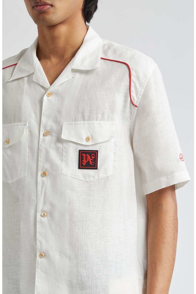 x Haas Moneygram Short Sleeve Linen Button-Up Camp Shirt, Alternate, color, OFFWHITE RED