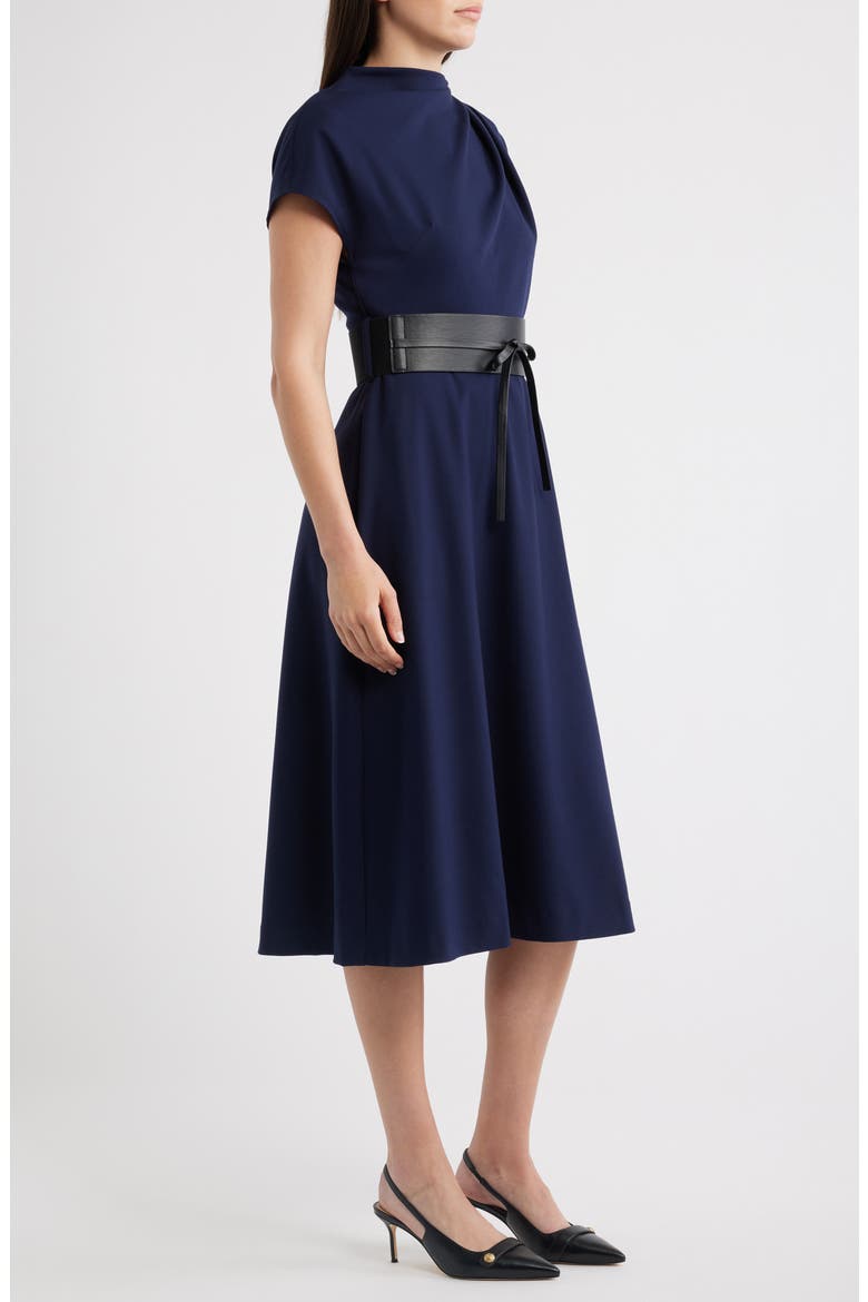 Funnel Neck Flared Midi Dress, Alternate, color, NAVY