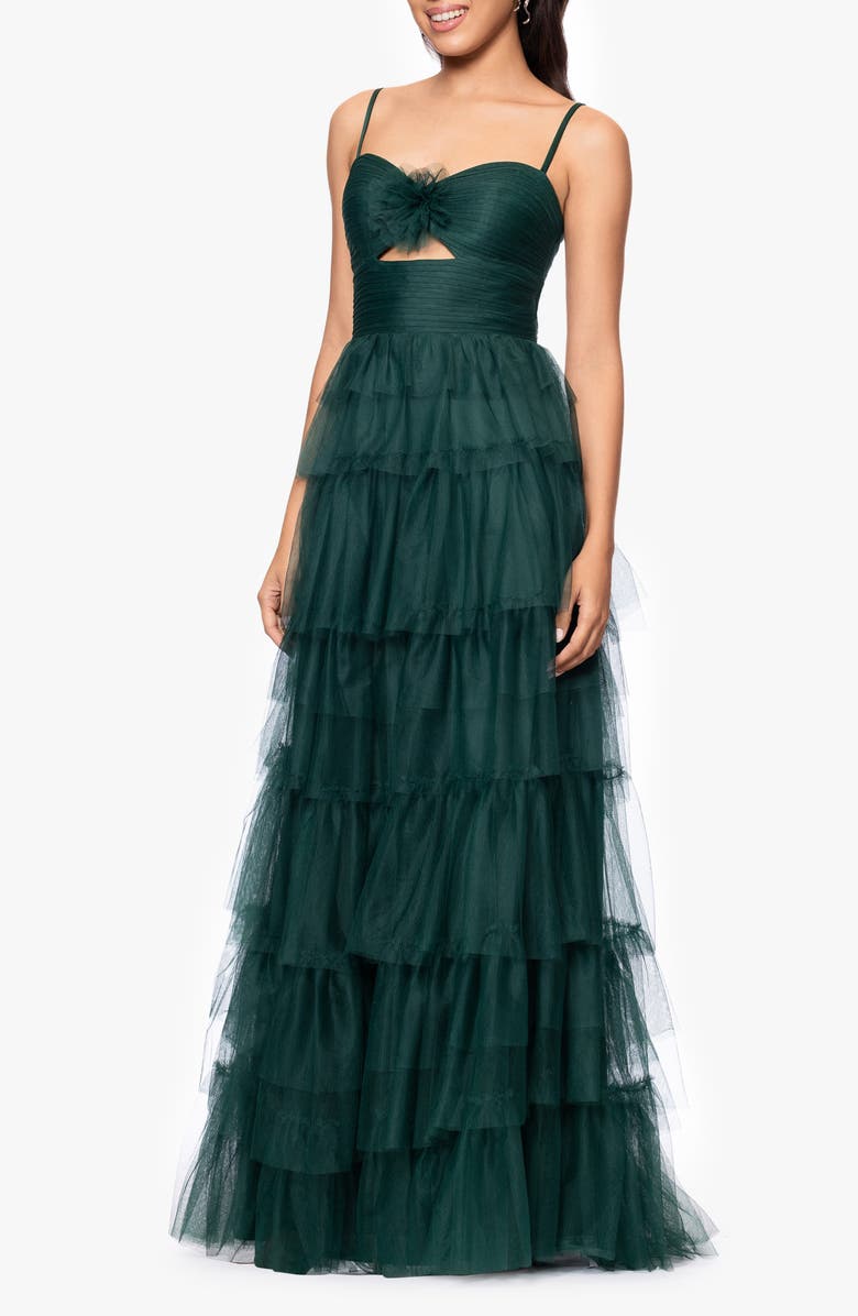 Blondie Nites Rose Ruffle Tiered Mesh A-Line Gown, Alternate, color, 