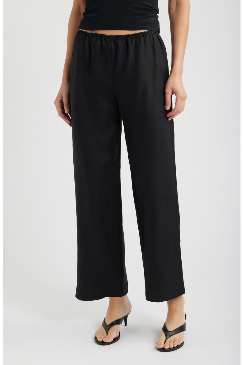 Lilah Lace Trim Linen Pants, Main, color, BLACK