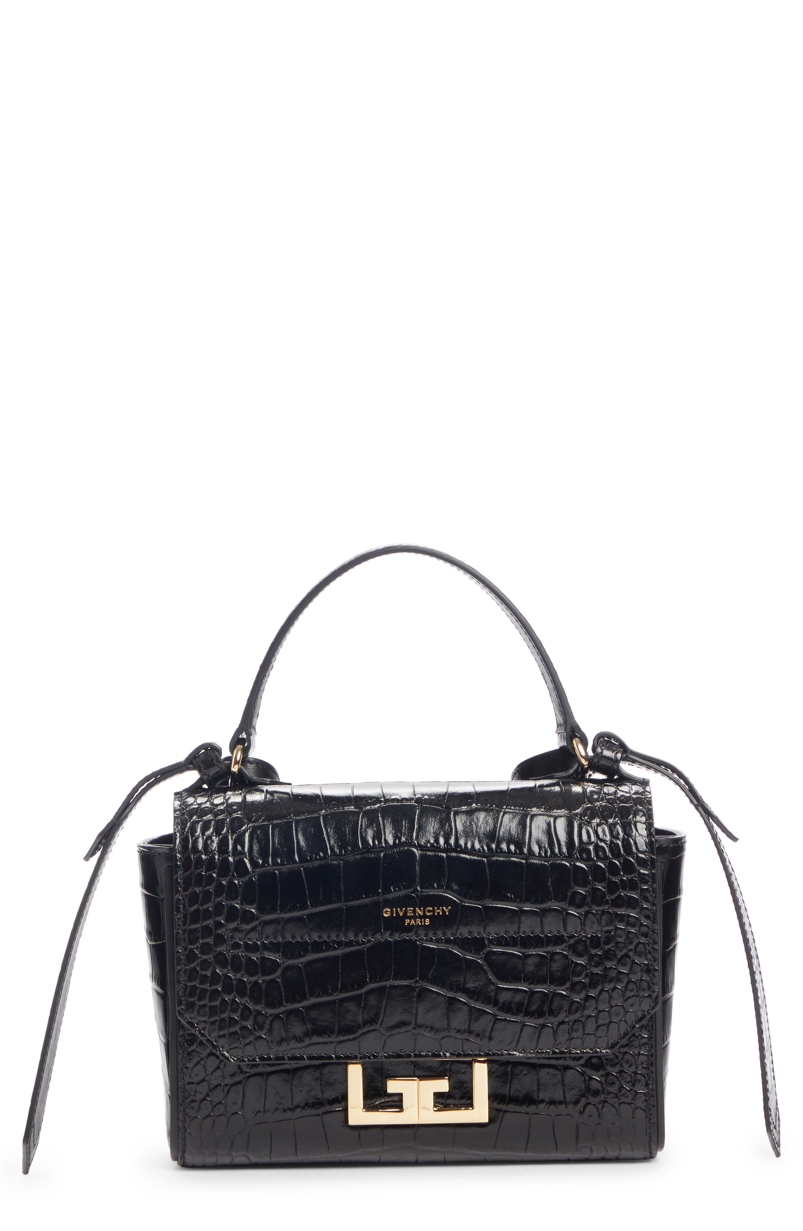 Mini Eden Croc Embossed Calfskin Top Handle Bag, Main, color, BLACK