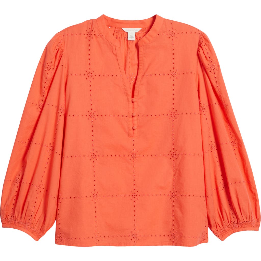 Caslonr Caslon(r) Eyelet Embroidered Cotton Popover Top In Coral Hot