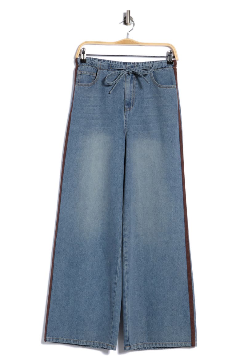 Tie Waist Denim Track Pants, Alternate, color, MEDIUM WASH