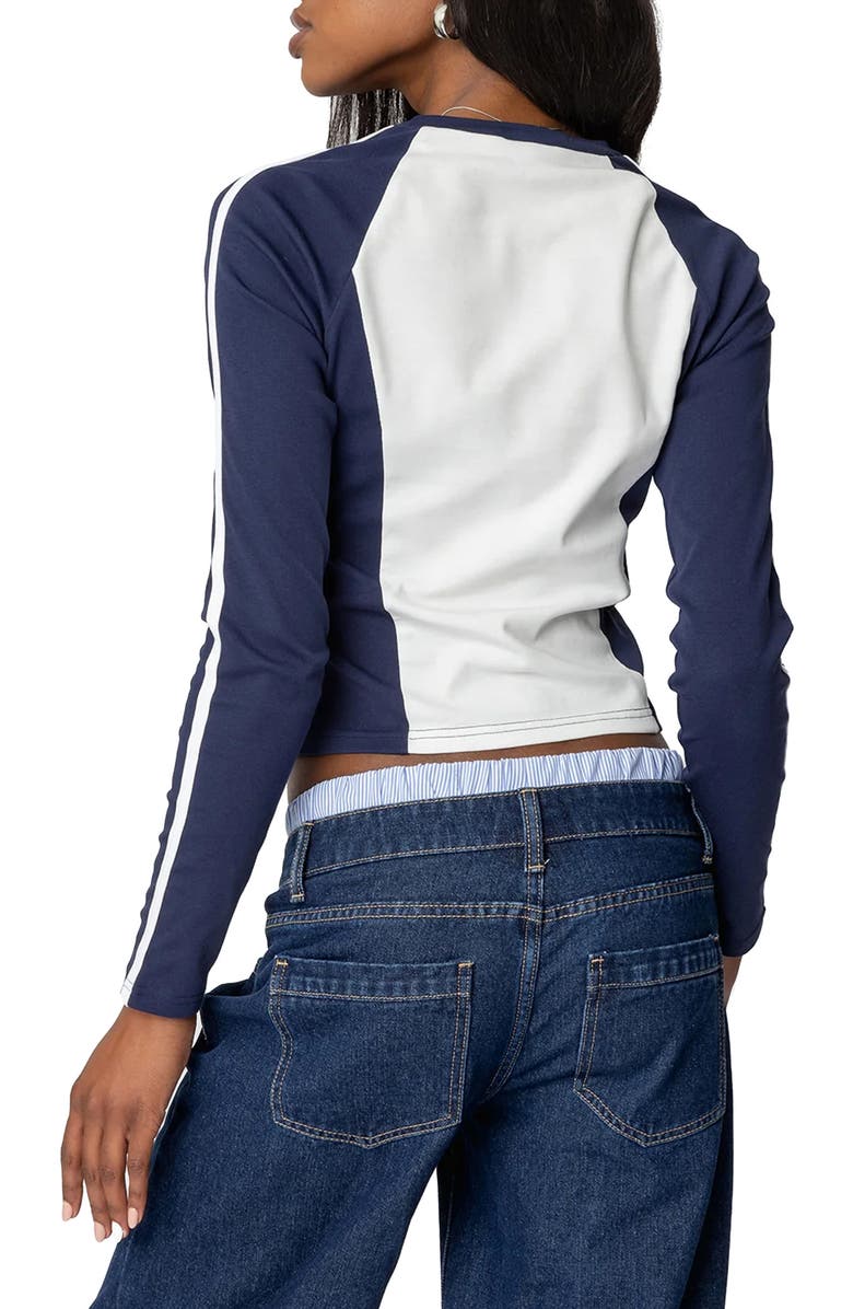 EDIKTED Brooklyn Graphic Long Sleeve Stretch Cotton T-Shirt, Alternate, color, Navy