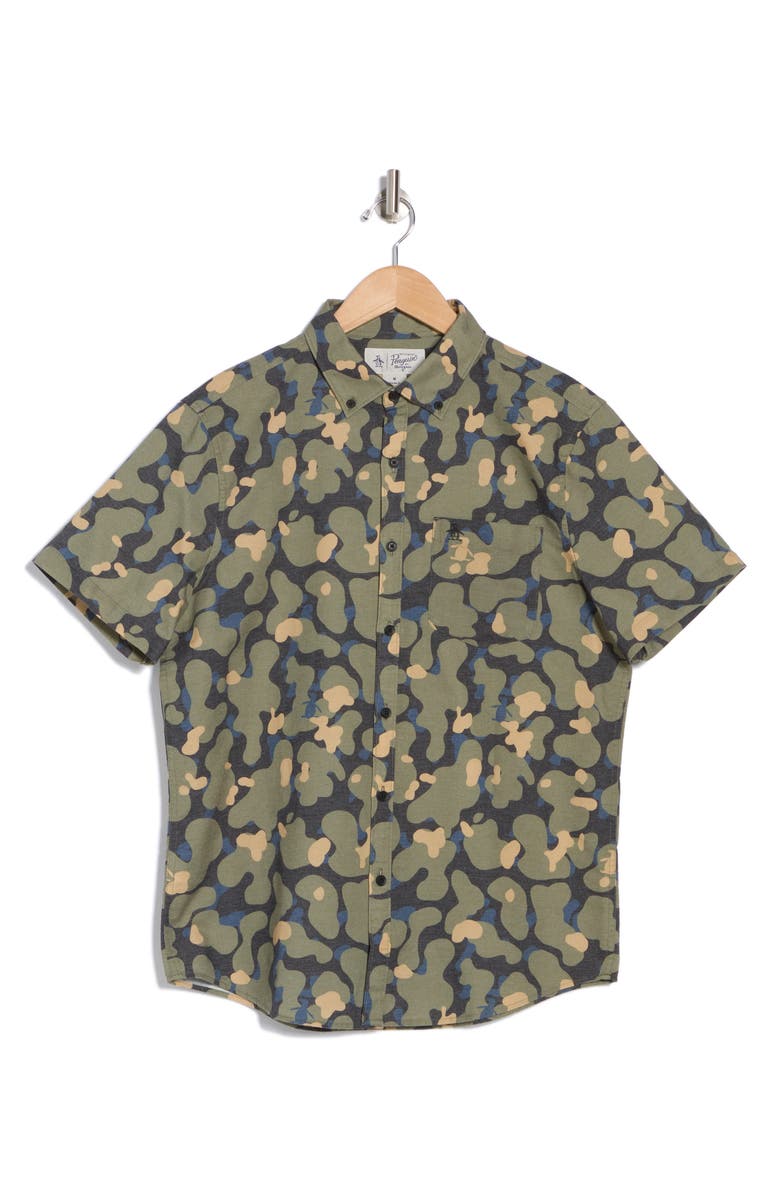 Original Penguin Oxford Camo Short Sleeve Button-Up Shirt, Alternate, color, 