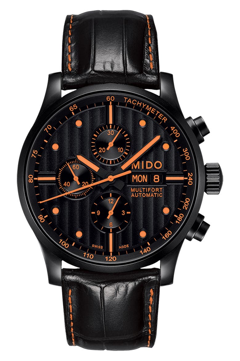 Multifort Automatic Chronograph Leather Strap Watch, 44mm, Main, color, BLACK/ ORANGE