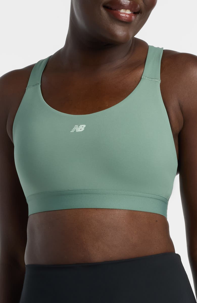 New Balance Essentials Training Racerback Sports Bra, Main, color, Green
