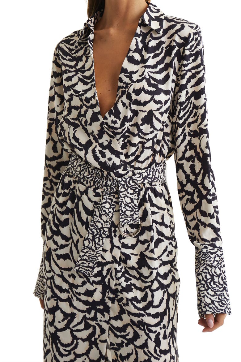 Evie Animal Print Belted Long Sleeve Dress, Alternate, color, BLACK/ WHITE