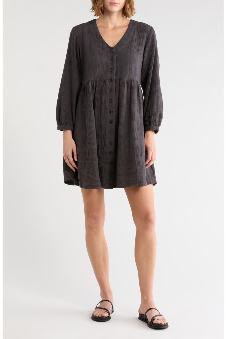 Nima Long Sleeve Double Gauze Cotton Minidress, Main, color, BLACK COAL