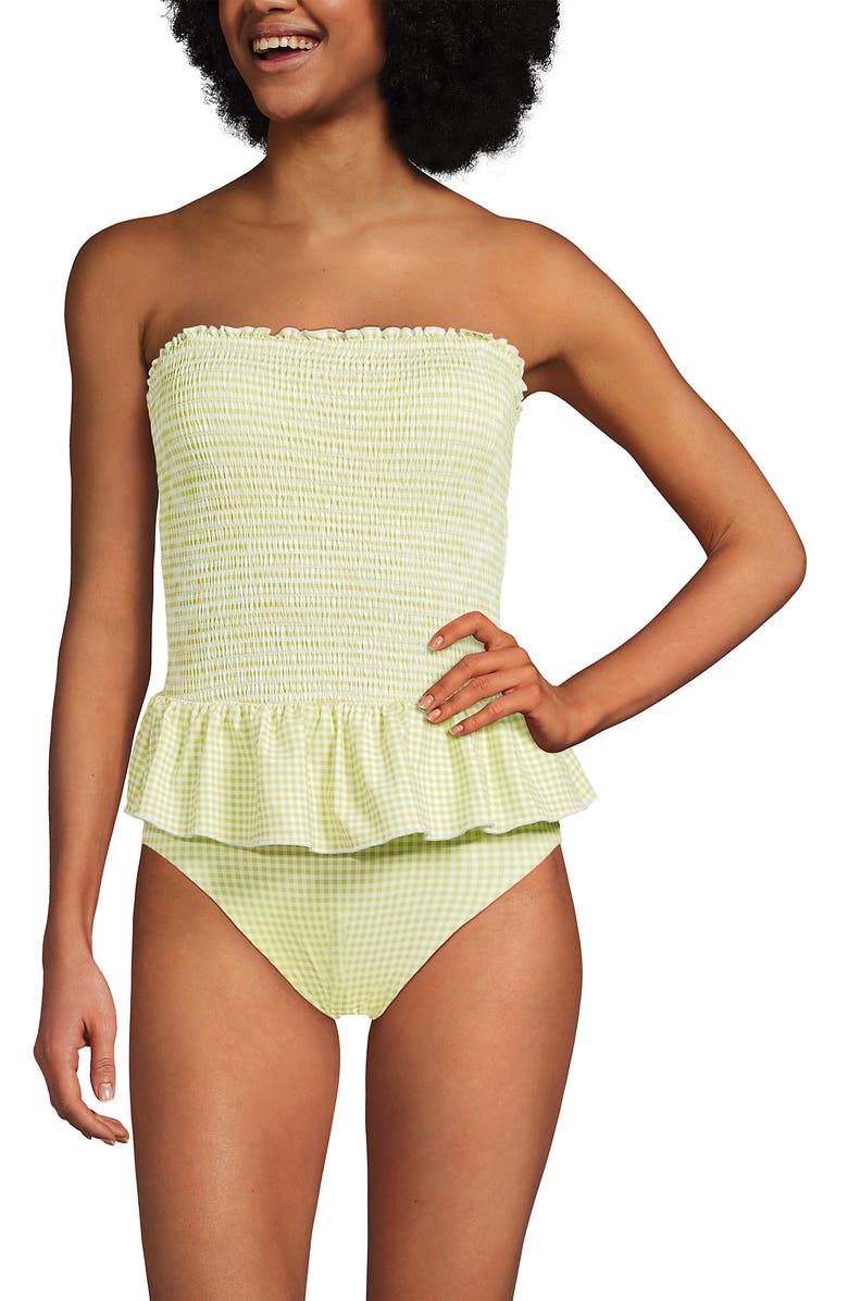 Lands' End Smocked Bandeau Peplum One Piece Swimsuit, Alternate, color, Bright Pistachio Gingham