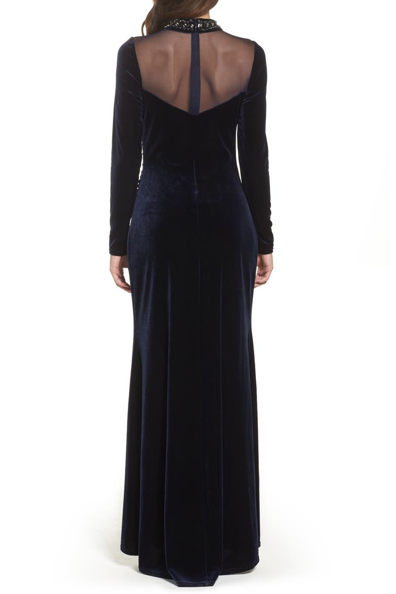 Mesh Panel Embellished Velvet Gown, Alternate, color, NAVY