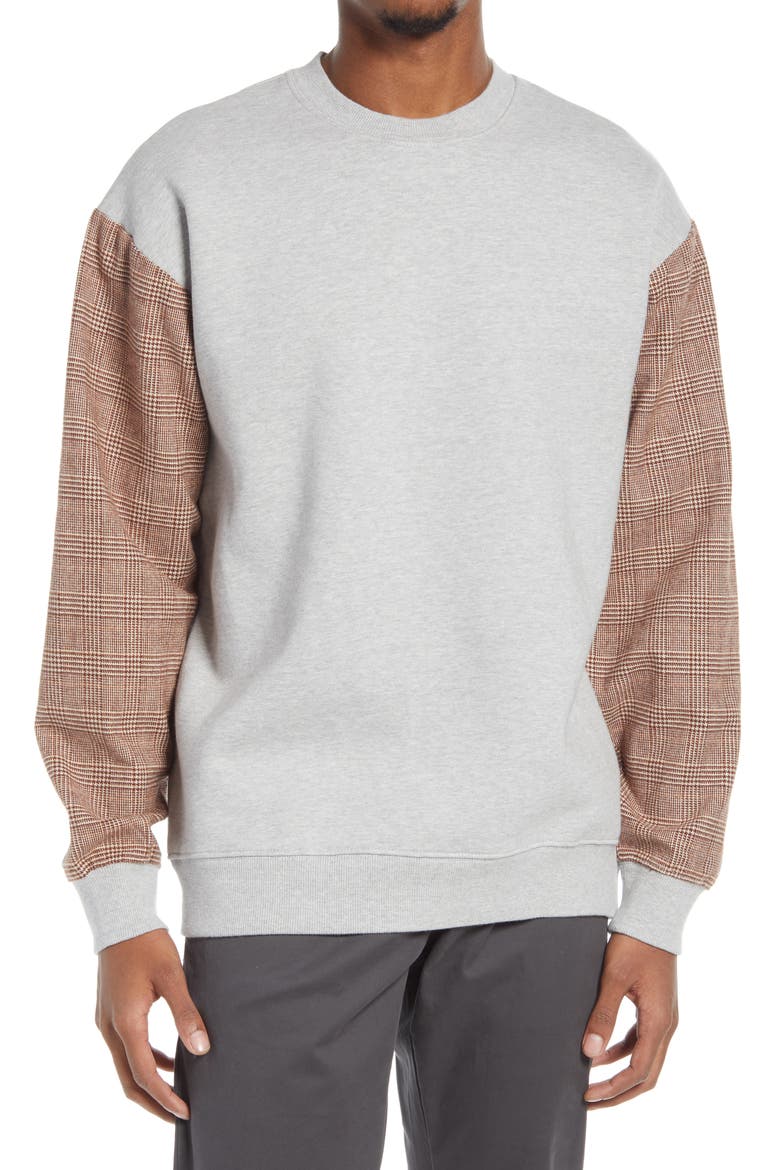 Men's Mixed Media Sweatshirt, Main, color, SILVER / TIMBER